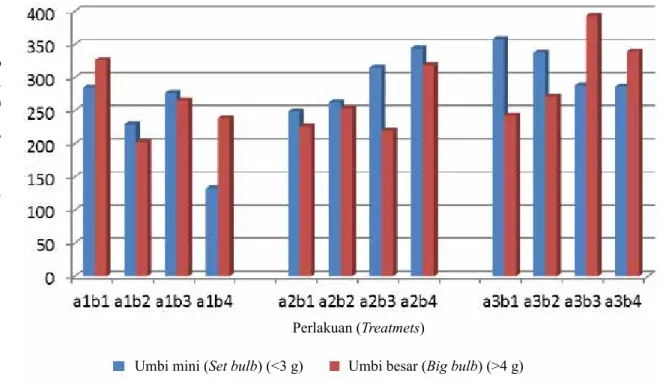 Gambar  3.  Bobot umbi bawang merah asal TSS berdasarkan ukuran umbi  ( Weight of fresh bulb based on size bulb)    Umbi mini (Set bulb) (&lt;3 g)Umbi besar (Big bulb) (&gt;4 g)