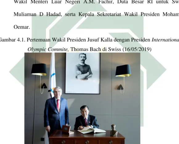 Gambar 4.1. Pertemuan Wakil Presiden Jusuf Kalla dengan Presiden International  Olympic Commite, Thomas Bach di Swiss (16/05/2019) 