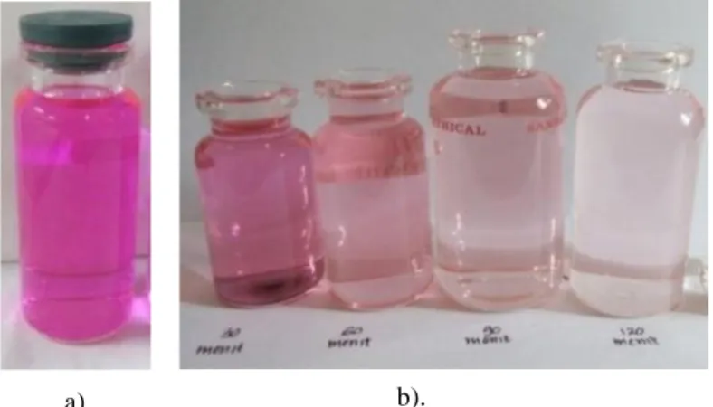 Gambar 9. Rhodamin B a). sebelum b). setelah diradiasi sinar UV dengan variasi  waktu 30, 60, 90, dan 120 menit 