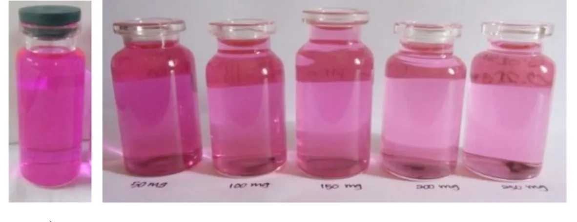 Gambar 1. Rhodamin B, a) sebelum b) setelah diradiasi sinar UV dengan variasi  massa fotokatalis ZnO/KA 