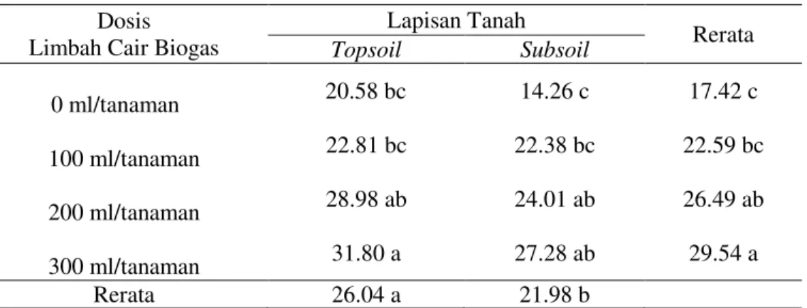 Tabel  6.   Rata-rata  berat  kering  bibit  tanaman  kelapa  sawit  umur  6  bulan  dengan          pemberian limbah cair biogas di media topsoil dan subsoil (g) 