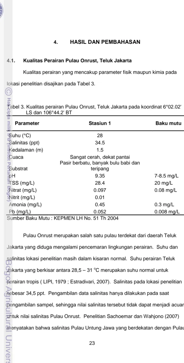 Tabel 3. Kualitas perairan Pulau Onrust, Teluk Jakarta pada koordinat 6°02.02'    LS dan 106°44.2' BT 