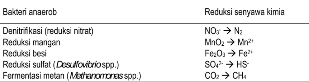 Tabel 4.  Peran bakteri anaerob dalam mereduksi berbagai senyawa kimia  Bakteri anaerob  Reduksi senyawa kimia  Denitrifikasi (reduksi nitrat)   NO 3-  Æ N 2
