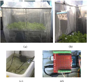 Gambar 5. (a) Greenhouse hidroponik tipe NFT (b) Sensor suhu dan kelembapan greenhouse (c) Sensor suhu waterproof dan sensor level larutan nutrisi (d) Mikrokontroller dan ethernet shield  