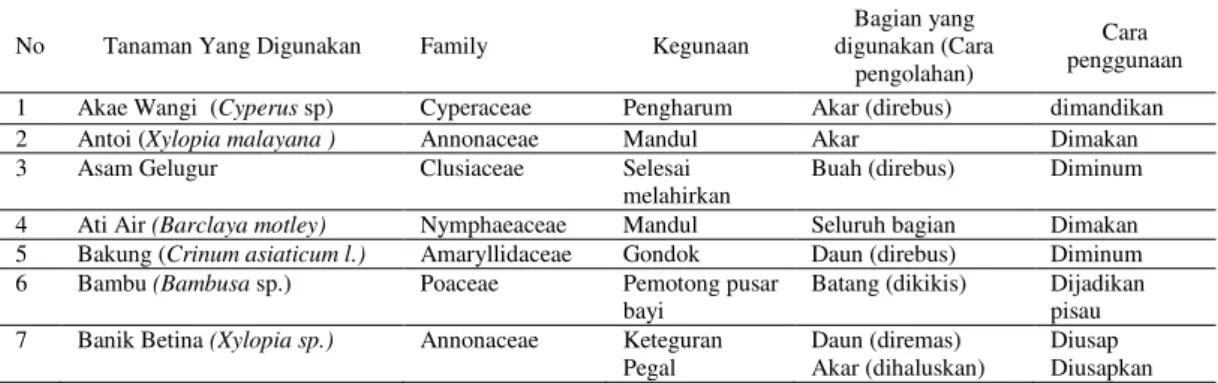 Tabel 1. Ramuan yang digunakan oleh etnis akai di Desa Petani Kab. Bengkalis 