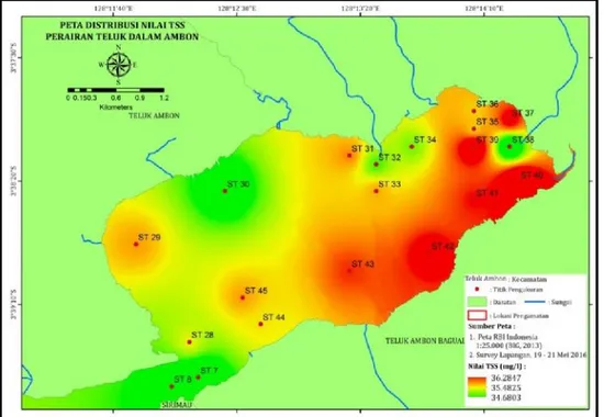 Gambar 8. Peta sebaran nilai TSS perairan TAD Lemak  tergolong  bahan  organik  yang tetap  dan  tidak  mudah  terurai  (Mukhtasor, 2007)