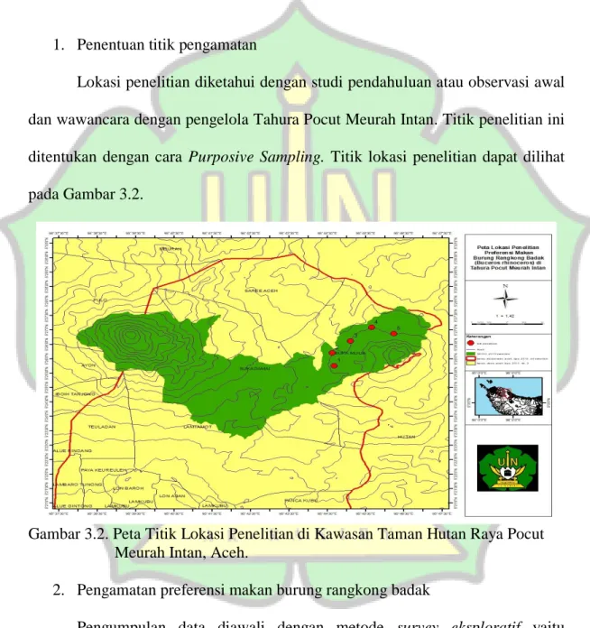Gambar 3.2. Peta Titik Lokasi Penelitian di Kawasan Taman Hutan Raya Pocut  Meurah Intan, Aceh