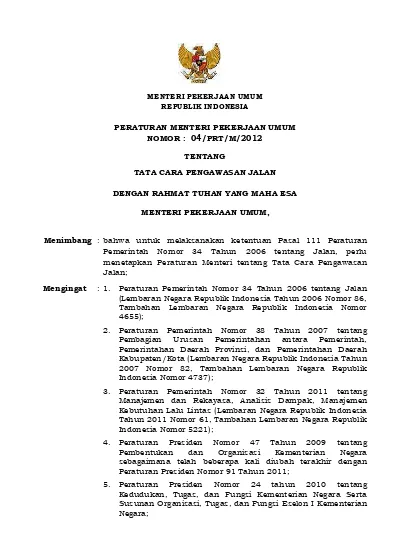 Permen PU No.04 Tahun 2012 Tentang Tata Cara Pengawasan Jalan