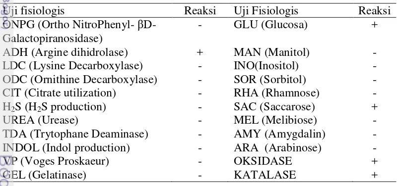Tabel 1 Karakterisasi fisiologis isolat Photobacterium damselae 