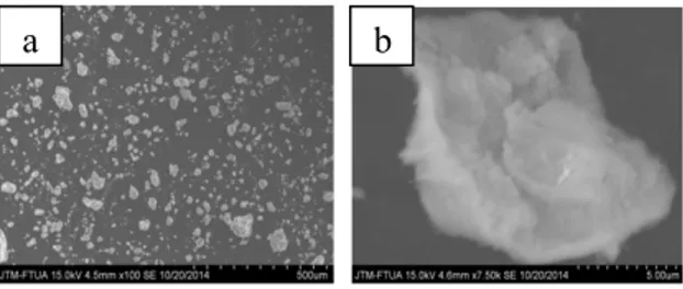Gambar 3.8 Hasil analisis SEM sampel  hidroksiapatit (a.) SEM dengan   perbesaran  100 X, (b.) SEM dengan perbesaran 7500 X    