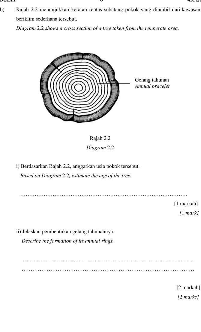Diagram 2.2 shows a cross section of a tree taken from the temperate area. 