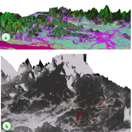 Gambar 3.  Sebaran lokasi lahan longsor (warna merah diberi lingkaran kuning) (a) untuk daerah Teradomari  dioverlaykan dengan citra asli dari SPOT multiwaktu band Green-2004, NIR-2001 dan Red-2001; dan (b) untuk daerah Tochio dan Shitada Mura dioverlaykan