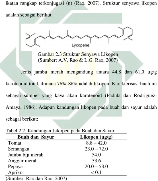 Gambar 2.3 Struktur Senyawa Likopen  (Sumber: A.V. Rao &amp; L.G. Rao, 2007) 