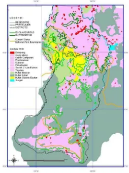 Gambar 3. Peta Tanah Hutan yang dikuasai oleh Masyarakat Desa Malasari (Bogor) sebagai Lahan Pemukiman dan Garapan (Sumber: Arsip Perum Perhutani, 1906-1939 dan Peta Penggunaan Tanah BPN, 2001) 