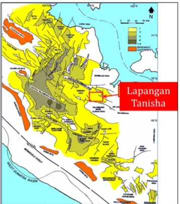 Gambar 1.Lokasi Lapangan Tanisha di Cekungan Sumatra Selatan  (Pertamina BEICIP FRANLAB, 1992)
