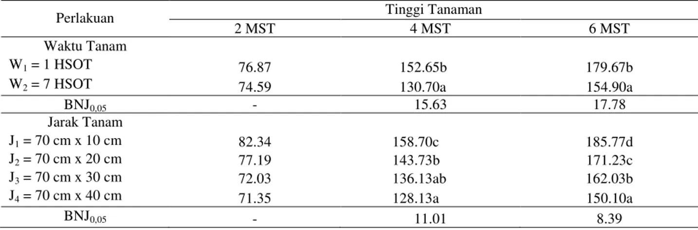 Tabel 2.  Tinggi jagung manis (cm) pada umur 2, 4, dan 6 MST akibat pengaruh waktu Olah Tanah  sebelum tanam dan Jarak Tanam 