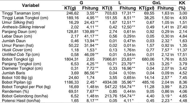 Tabel 2 Nilai kuadrat Tengah Hasil Analisis Ragam Gabungan Komponen  Agronomi Dan Hasil  Genotipe Jagung Di 2 Lokasi Uji 