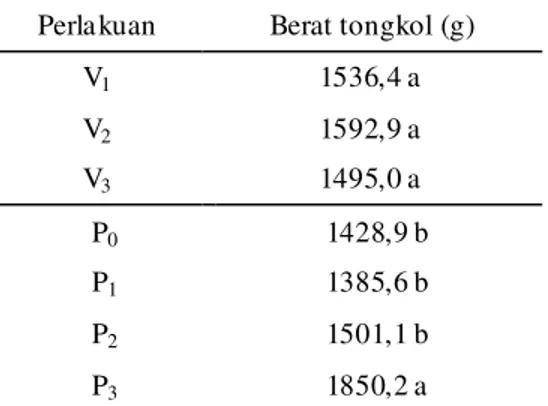 Tabel  4.  Rata-rata  berat  tongkol  per  p lot  jagung akibat perlakuan beberapa  varietas  dan  pemberian  pupuk  organik 