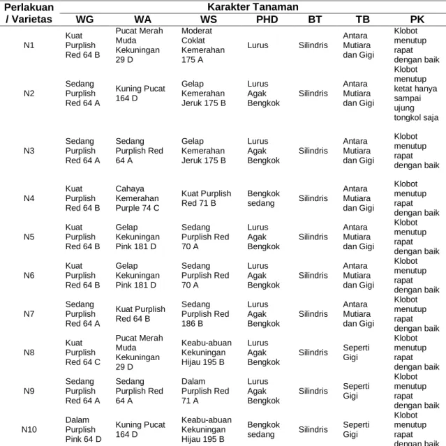 Tabel 1. Hasil Pengamatan Karakter Kualitatif di Jatimulyo  Perlakuan  / Varietas  Karakter Tanaman WG WA WS PHD  BT  TB  PK  N1  Kuat  Purplish  Red 64 B  Pucat Merah Muda Kekuningan  29 D  Moderat Coklat  Kemerahan 175 A  Lurus  Silindris  Antara  Mutiar