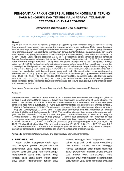 PENGGANTIAN PAKAN KOMERSIAL DENGAN KOMBINASI TEPUNG DAUN MENGKUDU DAN ...