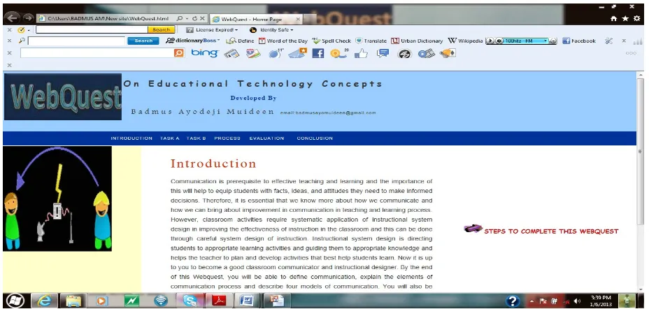 Figure 1: WebQuest Homepage on Educational Technology Concepts