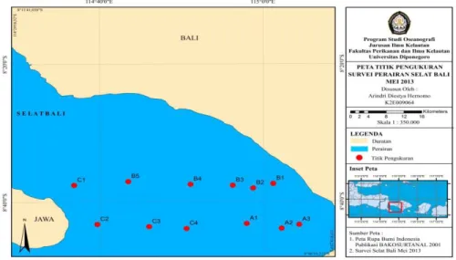 Gambar 6. Peta Lokasi Stasiun Pengambilan Data Lapangan Mei 2013.  (Sumber : Hasil Survei Selat Bali, 2013) 