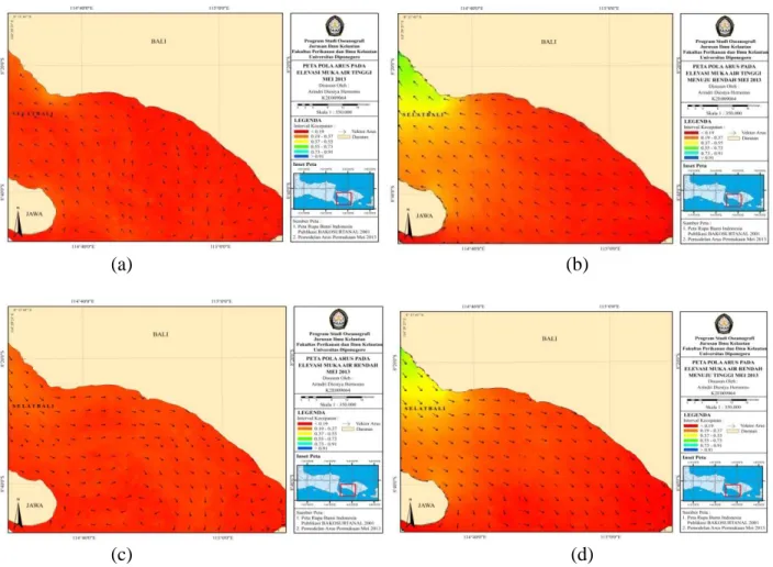 Gambar  3.  Pola  Arus  Permukaan  Perairan  Selat  Bali  Bagian  Selatan  Bulan  Mei  2013  (a)  saat  elevasi  muka  air  rendah;  (b)  saat  elevasi  muka  air  rendah  menuju  tinggi;  (c)  saat  elevasi  muka  air  tinggi;  (d)  saat  elevasi  muka  a