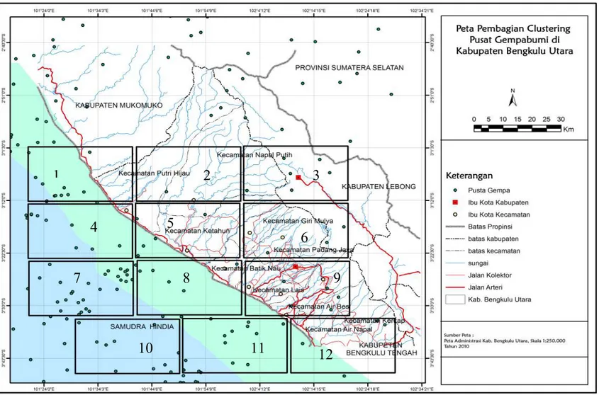 Gambar 7. Peta Sebaran  Gempabumi dan Pembagian Cluster nya di Kabupaten Bengkulu Utara dan Sekitarnya