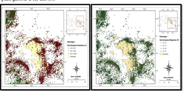 Gambar  2.  (a)  Distribusi  episenter  gempabumi  wilayah  Sorong,  (b)  Distribusi  magnitude Gempabumi wilayah Sorong 