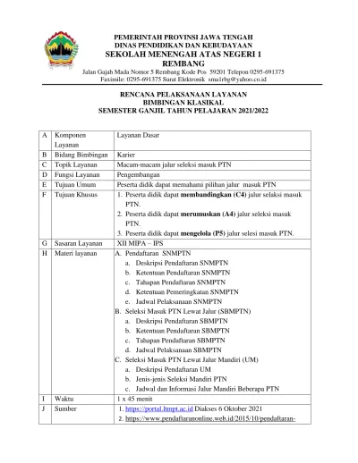 RENCANA PELAKSANAAN LAYANAN BIMBINGAN KLASIKAL SEMESTER GANJIL TAHUN ...