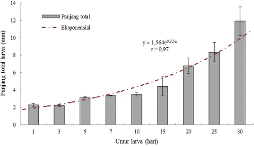 Gambar  2  juga  menunjukkan  bahwa  pola pertumbuhan panjang total larva kerapu  bebek F-3 mulai umur 1 hingga berumur 30  hari  adalah  eksponensial  (r  =  0,97)