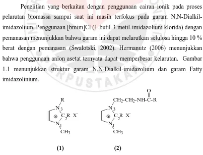 Gambar 1.1 Struktur (1) Kation Imidazolium dan (2) Kation Fatty Imidazolinium                                  