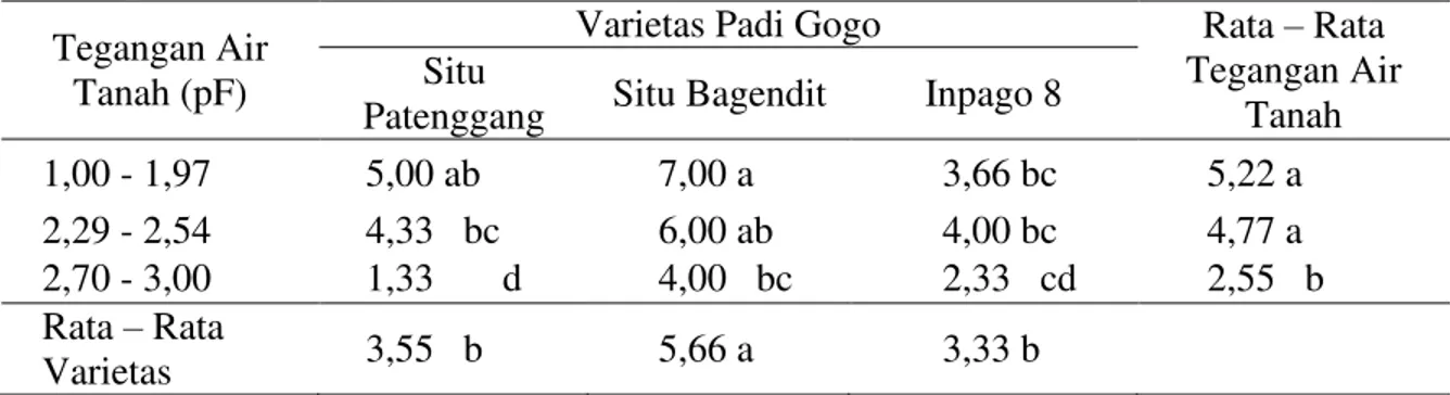 Tabel  5.  Rata-rata  jumlah  anakan  produktif  (batang)  beberapa  varietas  padi  gogo  dengan  perlakuan tegangan air tanah 
