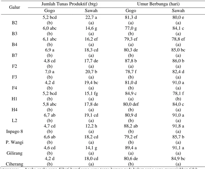 Tabel 3.  Interaksi Galur dan Lingkungan terhadap jumlah tunas produktif dan umur  berbunga  Galur  Jumlah Tunas Produktif (btg)  Umur Berbunga (hari) 