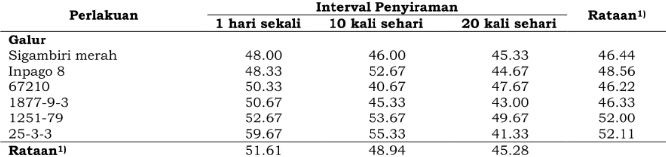 Tabel 2.  Rataan panjang akar terpanjang  (cm)  beberapa galur padi  gogo yang  dipengaruhi  oleh  interval penyiraman 