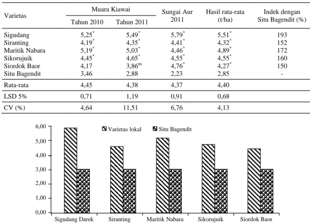 Gambar 1.  Perbandingan  hasil  antara  varietas  lokal  padi  gogo  dengan  varietas  unggul  Situ  Bagendit pada tiga lingkungan, MT 2010 dan MT 2011