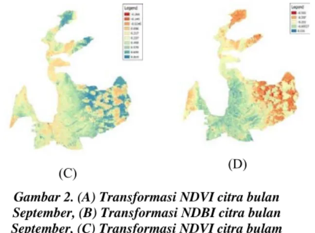 Gambar 2. (A) Transformasi NDVI citra bulan  September, (B) Transformasi NDBI citra bulan  September, (C) Transformasi NDVI citra bulam  Oktober (D) Transformasi NDBI citra bulam Oktober 