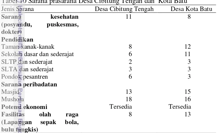 Tabel 10 Sarana prasarana Desa Cibitung Tengah dan  Kota Batu 
