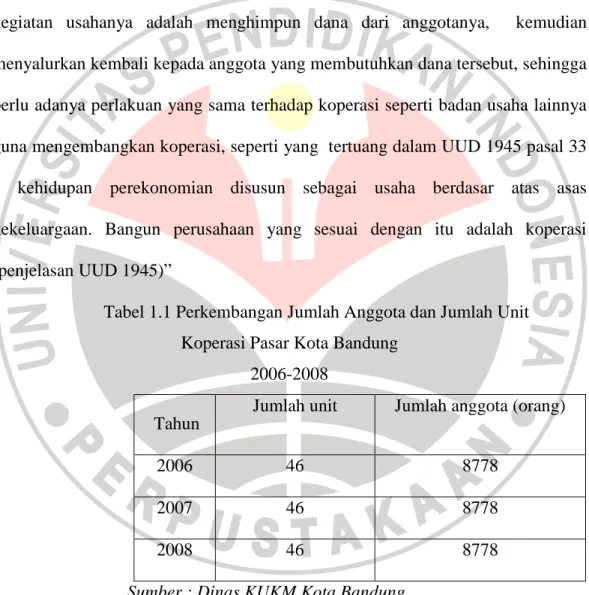 Tabel 1.1 Perkembangan Jumlah Anggota dan Jumlah Unit  Koperasi Pasar Kota Bandung 