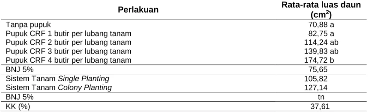 Tabel 5. Nilai Rata-Rata Luas Daun Akibat Perlakuan Aplikasi CRF dan   Sistem  Tanam Pada 7 