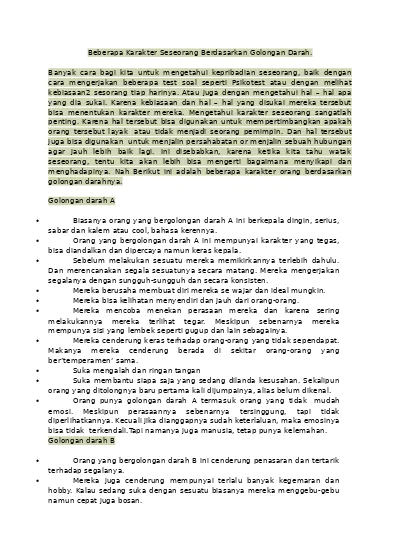 Golongan Darah Dan Karakter Kepribadian