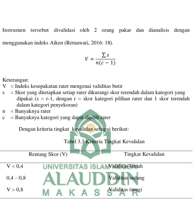 Tabel 3.3 Kriteria Tingkat Kevalidan 