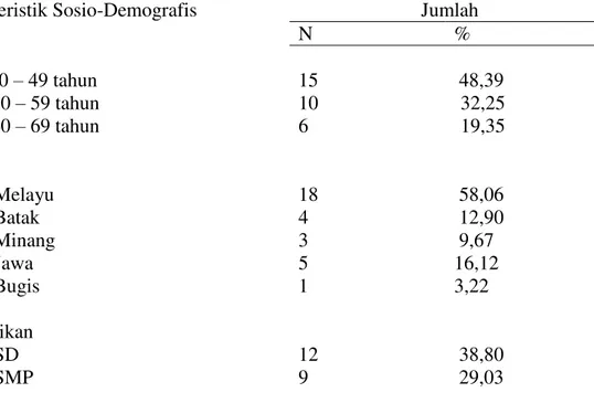 Tabel  4.1  Distribusi  karakteristik  sosio-demografis  pasien  kanker  serviks  yang  menjalani  radioterapi  di  RSUD  Arifin  Achmad  Provinsi  Riau  periode  2011 ± 2013  
