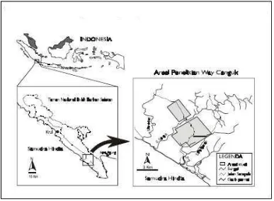 Gambar 6. Lokasi areal penelitian Way Canguk (Sumber : Departemen             Kehutanan Direktorat Jenderal PHKA dan WCS-IP,  2001) 