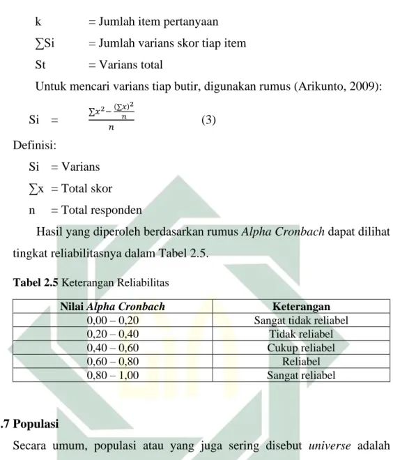 Tabel 2.5 Keterangan Reliabilitas