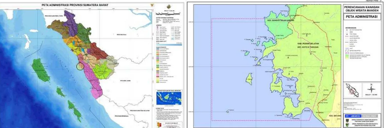 Gambar 1. Lokasi Kawasan Wisata Mandeh pada Provinsi Sumatera Barat (kiri)  dan Peta Kawasan Wisata Mandeh (kanan) 