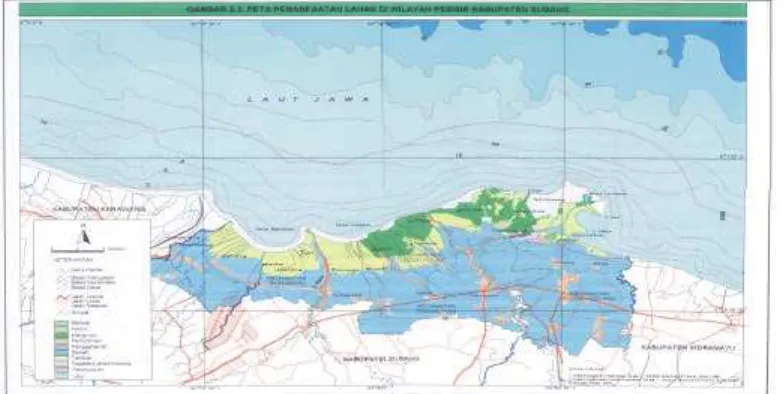 Gambar 4  Peta keberadaan  hutan mangrove di wilayah pesisir Kabupaten    Subang (warna hijau) (DKP Kab Subang, 2003)
