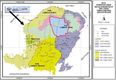 Gambar 2  Tata Letak Administratif Taman Nasional Gunung Rinjani (Sumber Bakosurtanal, 2000)