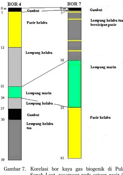 Gambar 7.  Korelasi bor kaya gas biogenik di Pulau Sepok Laut, reservoar pada satuan pasir  (1-12 m pada BOR 4 dan 33-45 pada BOR 7).