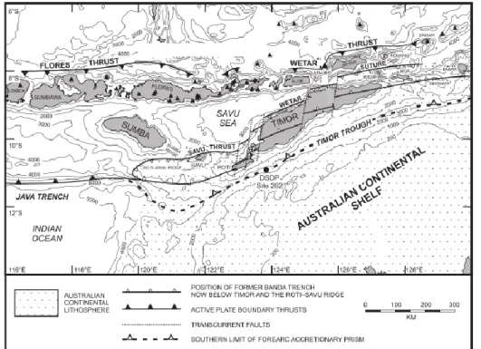 Gambar 1.2 Peta Fisiografi dan Tektonik Wilayah Nusa Tenggara Timur (Pulau  Flores) (Audley-Charles, 2004) 